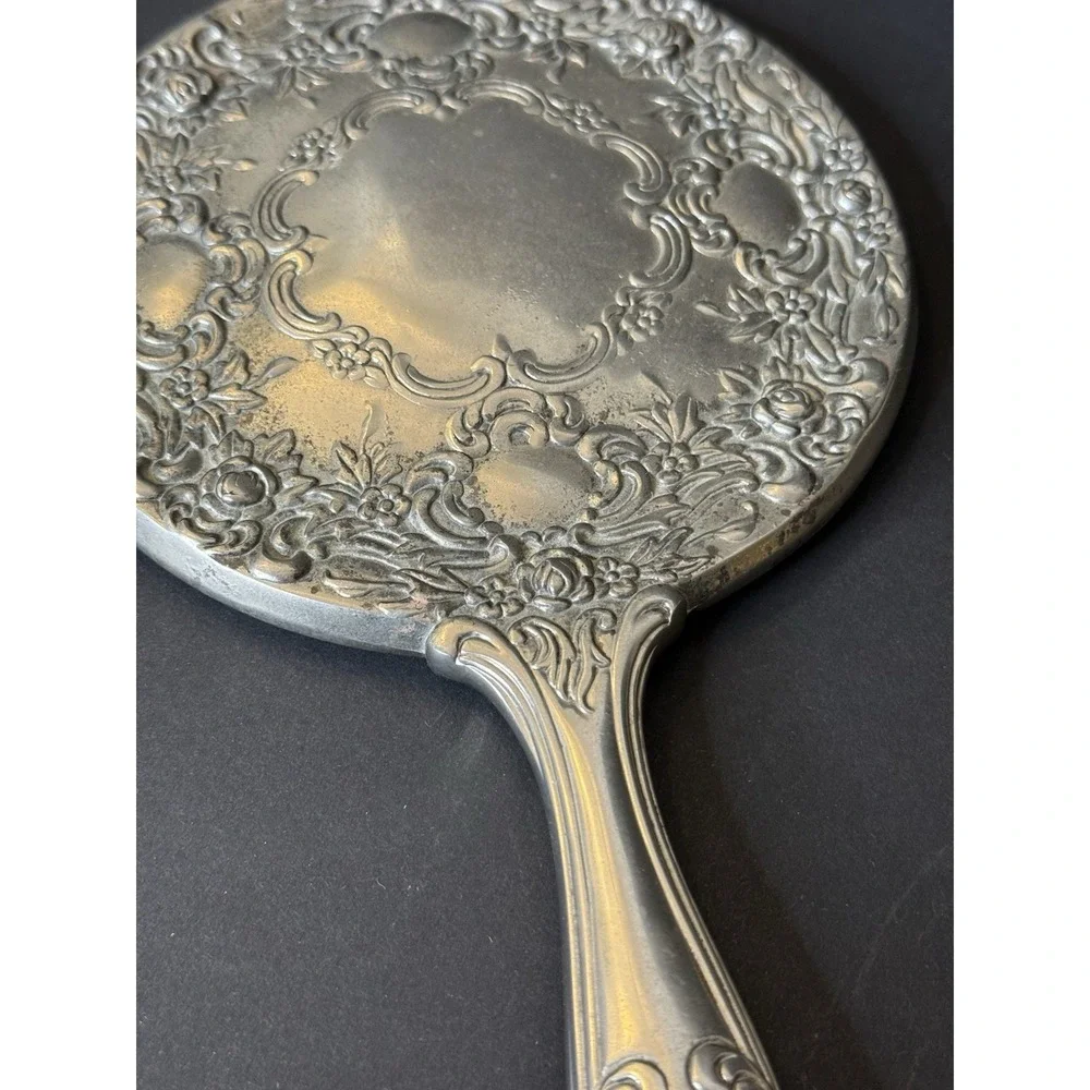 VTG Ornate 3 Pc Vanity Set Repousse Floral Silver Tone Mirror Brush & Comb EUC